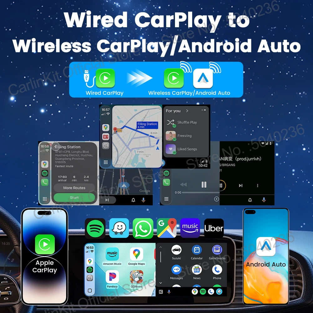 4.0 2-In-1 Wireless Adapter Wireless Android Auto Carplay 1 to 2 Smart Car Box Plug &Play OTA Upgrade for Carplay Cars