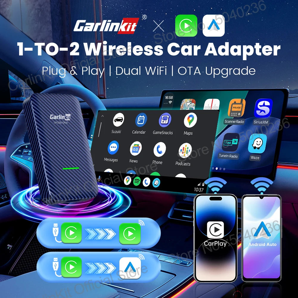 4.0 2-In-1 Wireless Adapter Wireless Android Auto Carplay 1 to 2 Smart Car Box Plug &Play OTA Upgrade for Carplay Cars