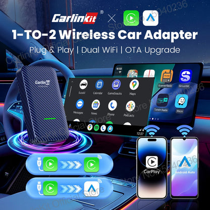 4.0 2-In-1 Wireless Adapter Wireless Android Auto Carplay 1 to 2 Smart Car Box Plug &Play OTA Upgrade for Carplay Cars