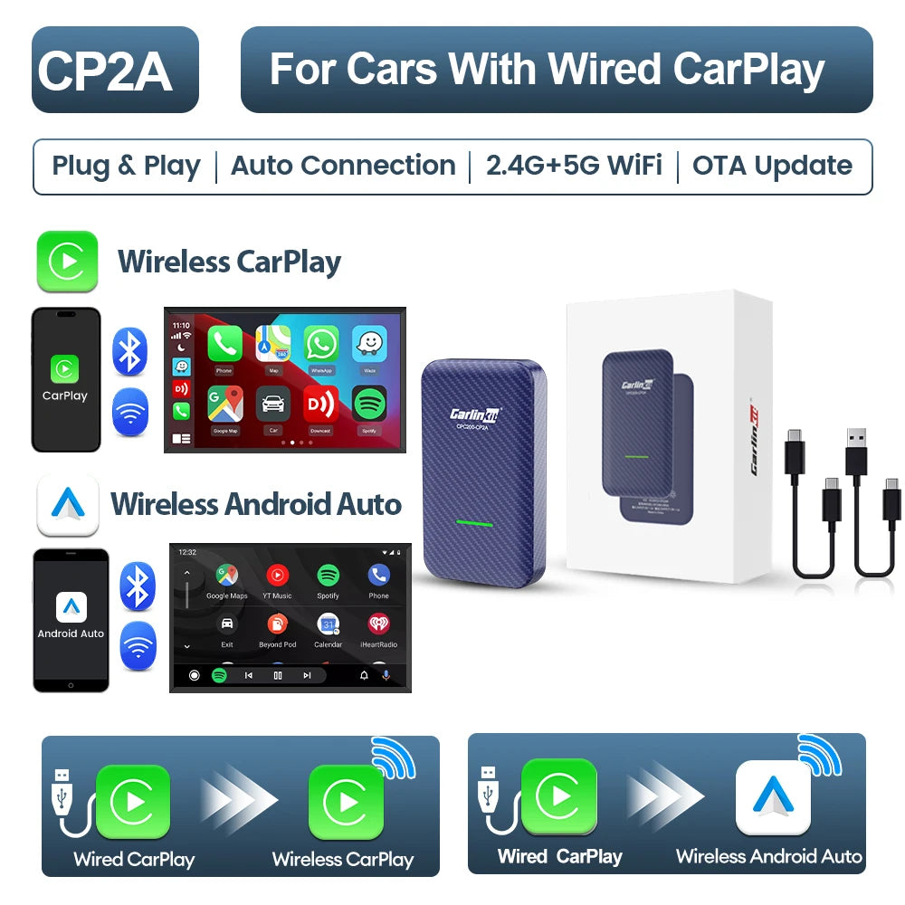 4.0 2-In-1 Wireless Adapter Wireless Android Auto Carplay 1 to 2 Smart Car Box Plug &Play OTA Upgrade for Carplay Cars