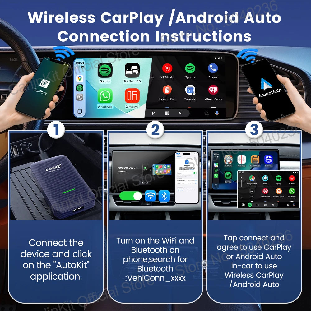 4.0 2-In-1 Wireless Adapter Wireless Android Auto Carplay 1 to 2 Smart Car Box Plug &Play OTA Upgrade for Carplay Cars