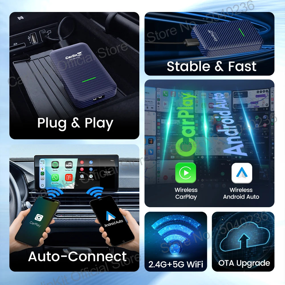 4.0 2-In-1 Wireless Adapter Wireless Android Auto Carplay 1 to 2 Smart Car Box Plug &Play OTA Upgrade for Carplay Cars